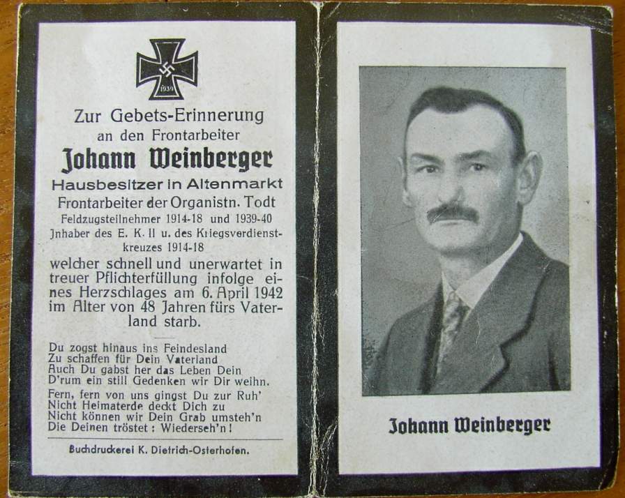 Death card : Johann Weinberger - 6 april 1942