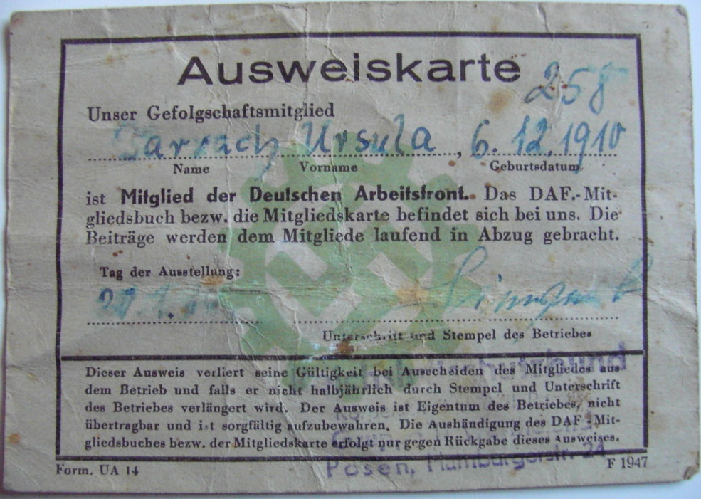 Ausweiskarte DAF - Ursula Tarrach (see also Arbeitsbuch of her)