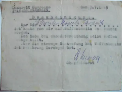 Bescheinigung - Lazarett Müssxeus - Schwester Ursula Tarrach (see also Arbeitsbuch of her) - 7.1945