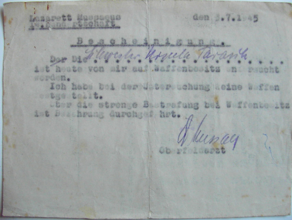Bescheinigung - Lazarett Müssxeus - Schwester Ursula Tarrach (see also Arbeitsbuch of her) - 7.1945
