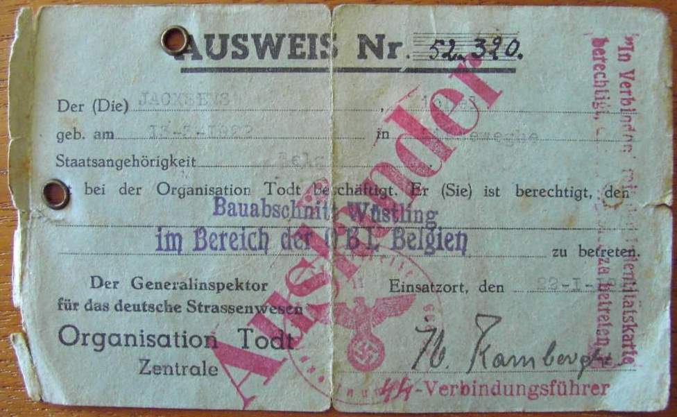 Ausweis Nr. 52.320 + Arbeitsausweis of Michel Jacxsens - Lissewege - Organisation Todt