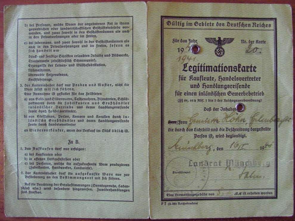 Legitimationskarte für Kaufleute, Handelsvertreter und Handlungsreisende