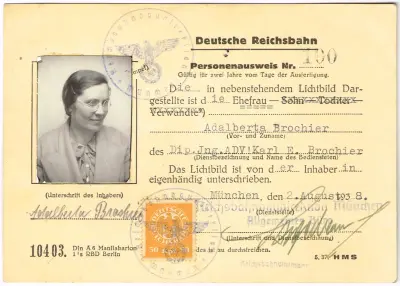 Deutsche Reichsbahn Personenausweis Nr 190 - Adalberta Brochier
