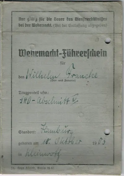 Wehrmacht-Führerschein für Wilhelm Francke