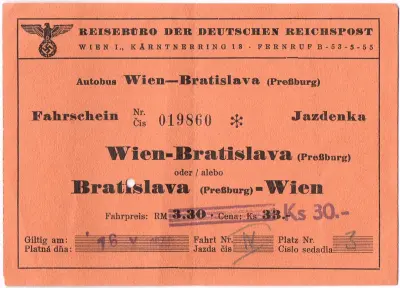 Fahrschein - Reisebüro der deutschen Reichspost - Autobus Wien-Bratislava