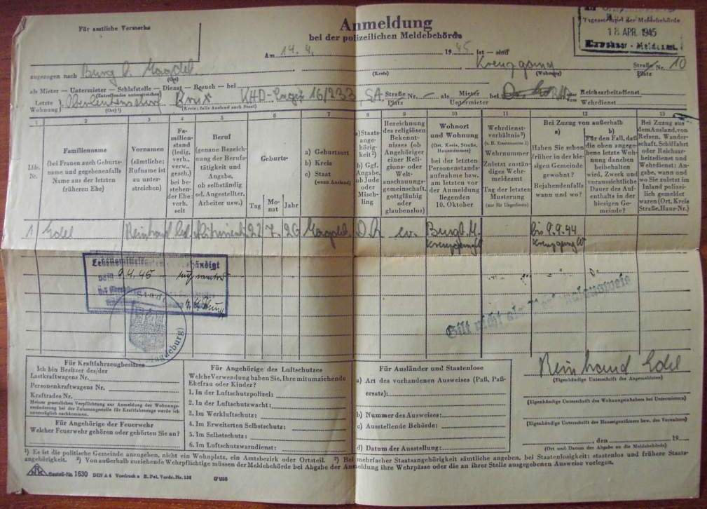 Anmeldung bei der polizeilichen Meldebehörde - Auszug aus der Reichsmeldeordnung vom 6 Januar 1938