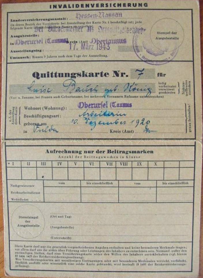 Quittungskarte Nr. 7 - Luise Bauch