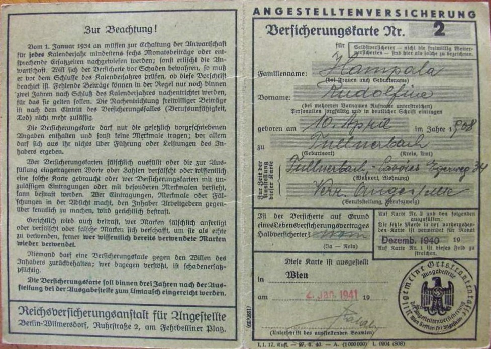 Angestelltenversicherung Versicherungskarte Nr. 2 - Rudolfine Hampala