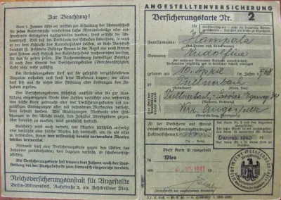 Angestelltenversicherung Versicherungskarte Nr. 2 - Rudolfine Hampala