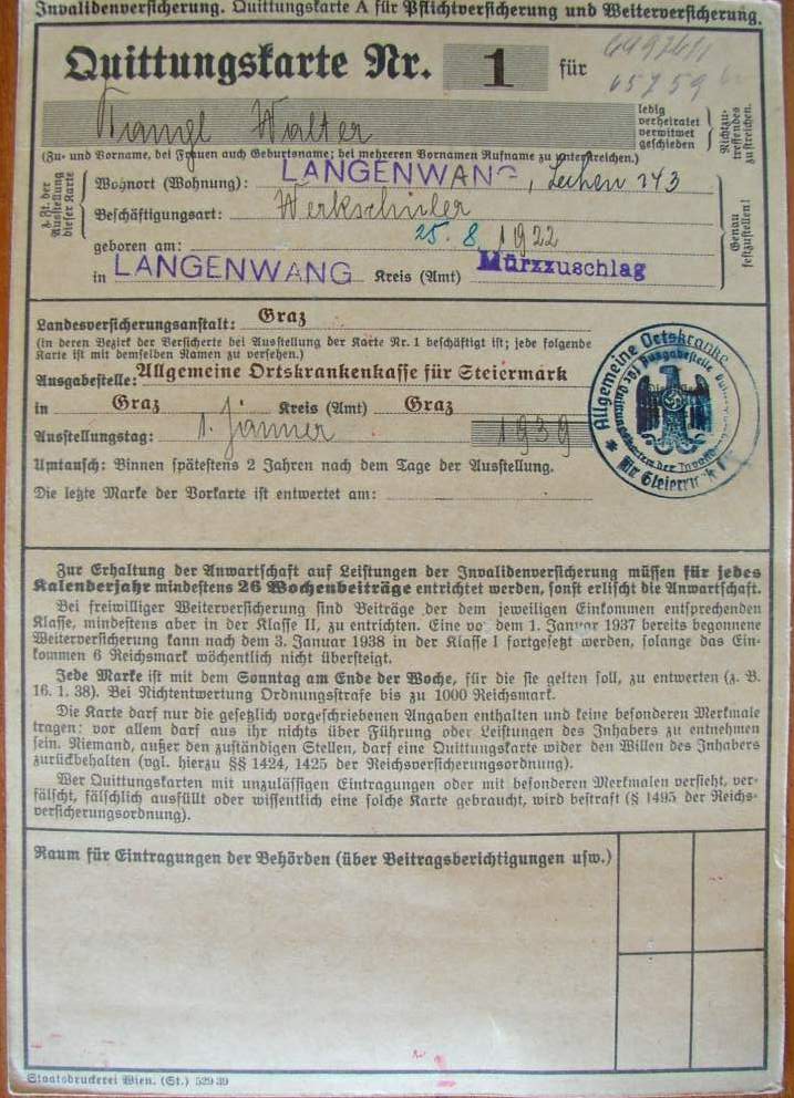 Quittungskarte Nr. 1 - Walter XXX