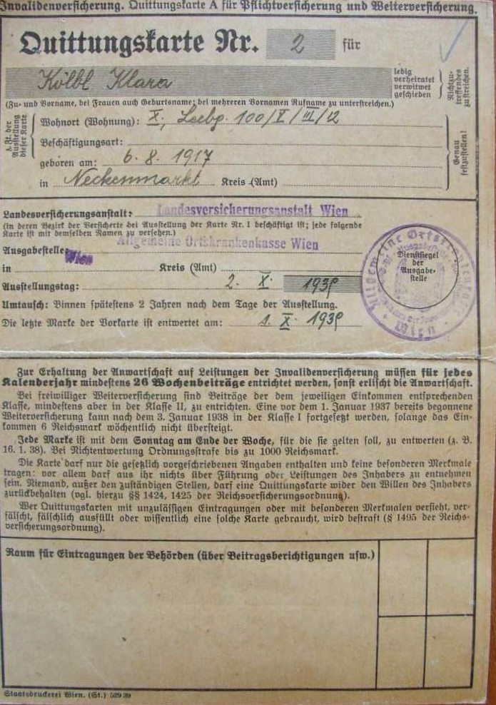 Quittungskarte Nr. 2 - Klara Kölbl