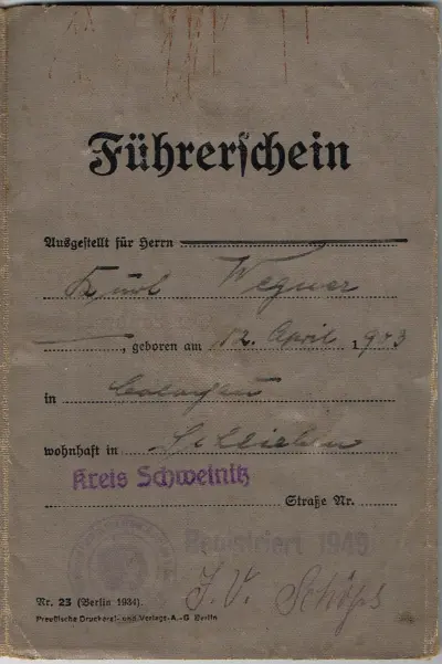 Führerschein XXX Wegner - Kreis Schweinitz - 1937