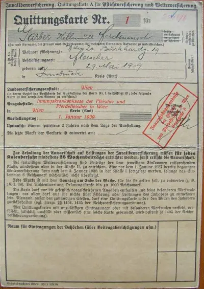 Quittungskarte Nr. 1 - Ferdinand Garber