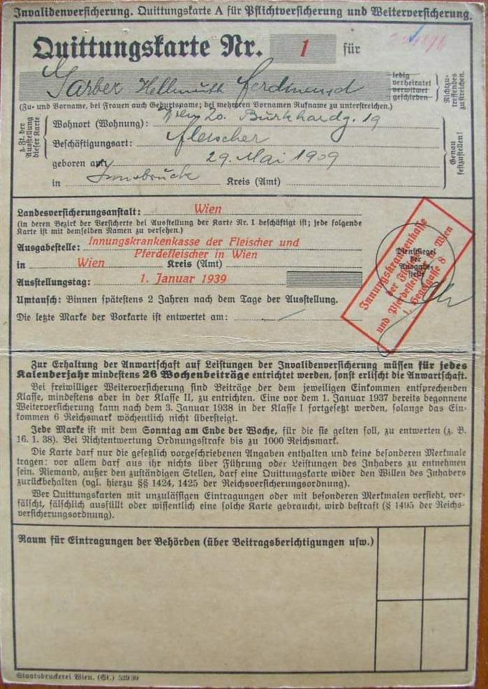 Quittungskarte Nr. 1 - Ferdinand Garber