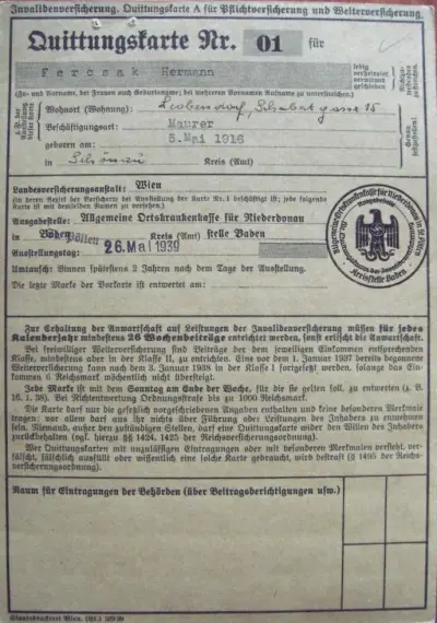 Quittungskarte Nr. 01 - Hermann Ferosak