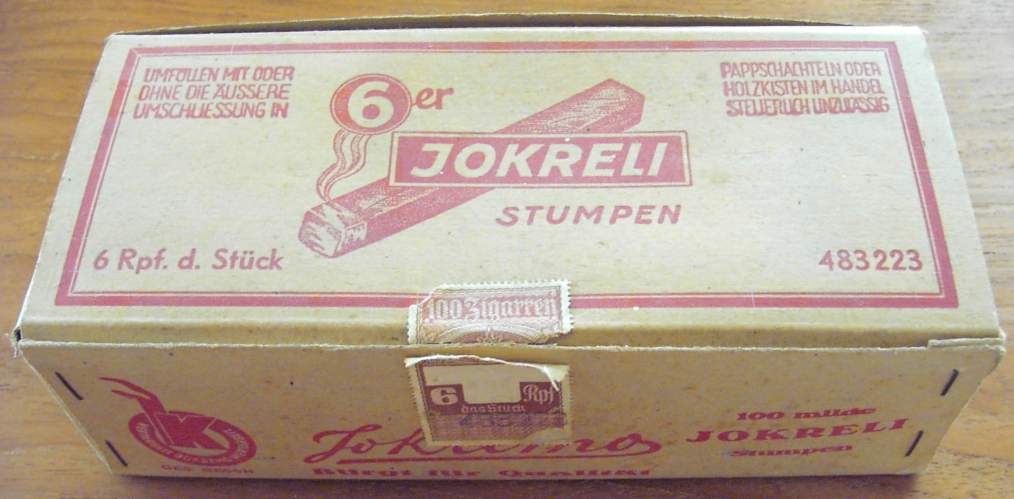 Cardboard cigar box ‘JOKRELI STUMPEN’ - full - opened