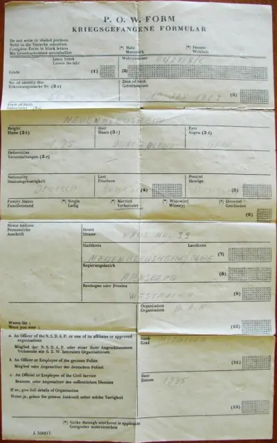 POW Form - Kriegsgefange Formular - Mitglied DAF - Wehrnummer 03/27/8/6
