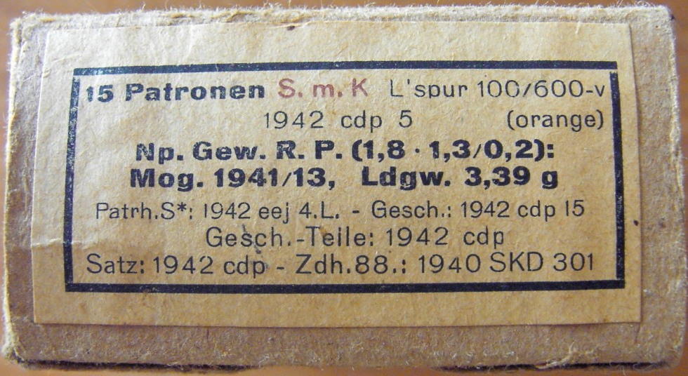 Ammo box - 15 Patronen S.m.K. L'spur 100/600-v - 1942 cdp.5 (orange) - EMPTY!