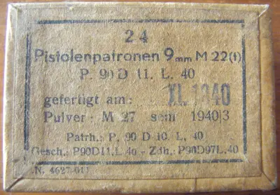 Ammo box - 24 Pistolenpatronen 9mm M22(t) - P.90 D 11.L.40 - EMPTY!
