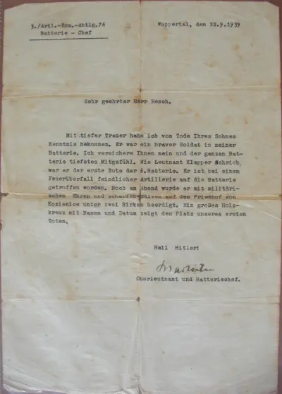 Death notice - 3./Artl.-Ers.-Abtlg.76 - Wuppertal, den 22.9.1939