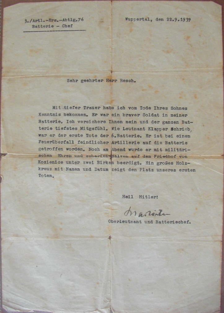Death notice - 3./Artl.-Ers.-Abtlg.76 - Wuppertal, den 22.9.1939