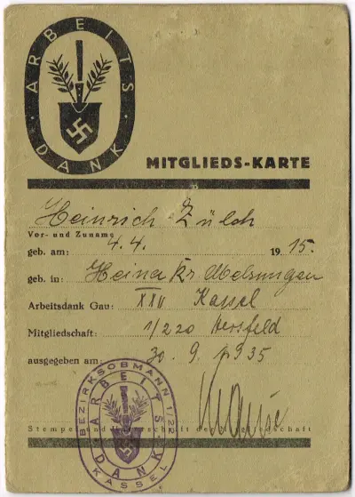 RAD - Mitgliedskarte RAD - Heinrich Züloh - picture missing
