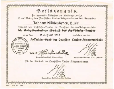 Besitzzeugnis für ehrenvolle Teilnahme am Weltkriege 1914/18 - Gedenkmünze WW1 - Kyffhauserbund