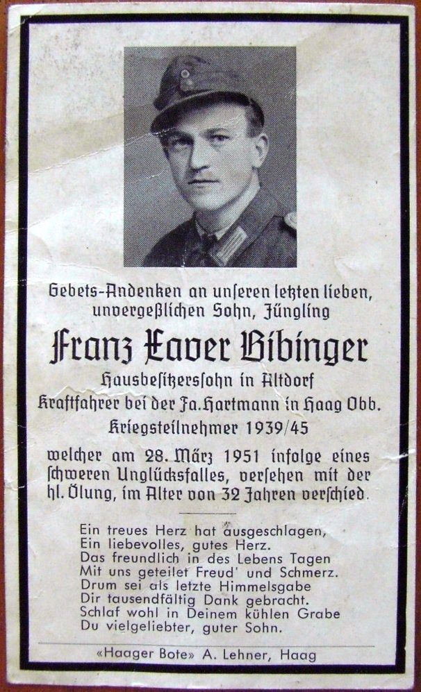 Death card : Franz Xaver Bibinger