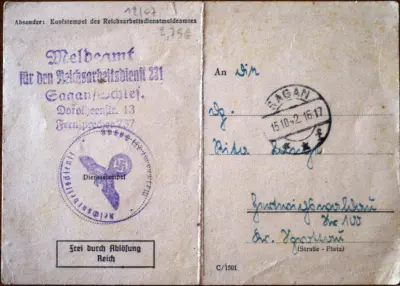 Postcard : RAD - Der Reichsarbeitsdienstpflichtige Rita Lang wird zum Reichsarbeitsdienst nicht mehr herangezogen