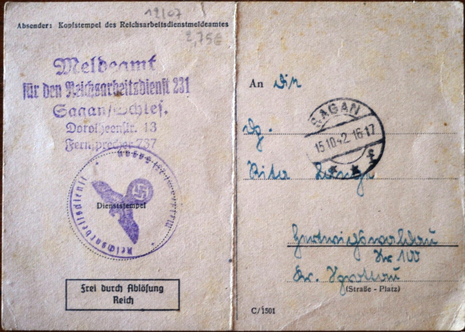 Postcard : RAD - Der Reichsarbeitsdienstpflichtige Rita Lang wird zum Reichsarbeitsdienst nicht mehr herangezogen