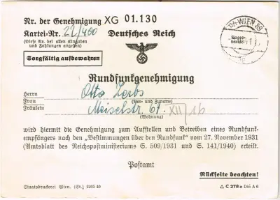 Rundfunkgenehmigung - Nr. der Genehmigung XG 01.130 - Kartei-Nr. 22/400