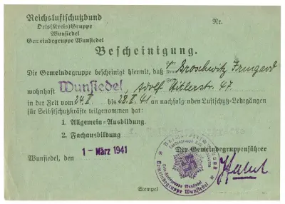 Reichsluftschutzbund - Bescheinigung - Nachweis der Anwesenheit - Wunsiedel - 1 März 1941