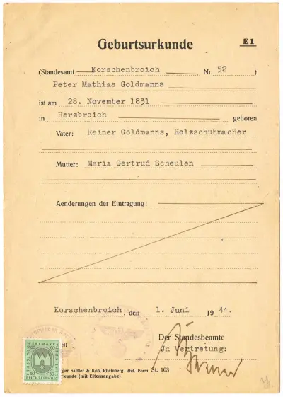 Geburtsurkunde - Standesamt Korschenbroich Nr.52 - Peter Mathias Goldmanns
