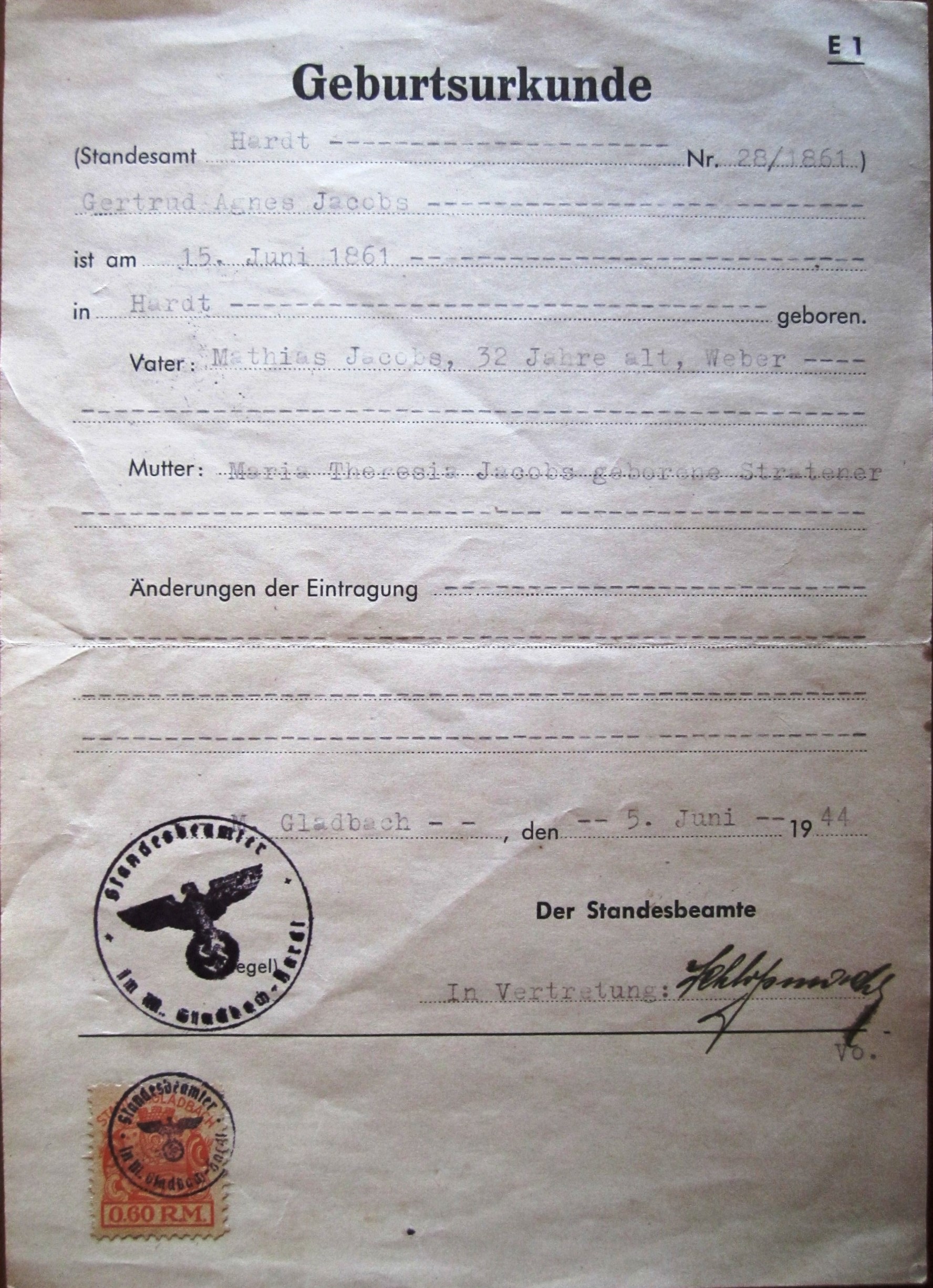 Geburtsurkunde - Standesamt Hardt Nr.28/1861 - Gertrud Agnes Jacobs