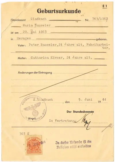 Geburtsurkunde - Standesamt Gladbach Nr.349/i863 - Maria Bauseler