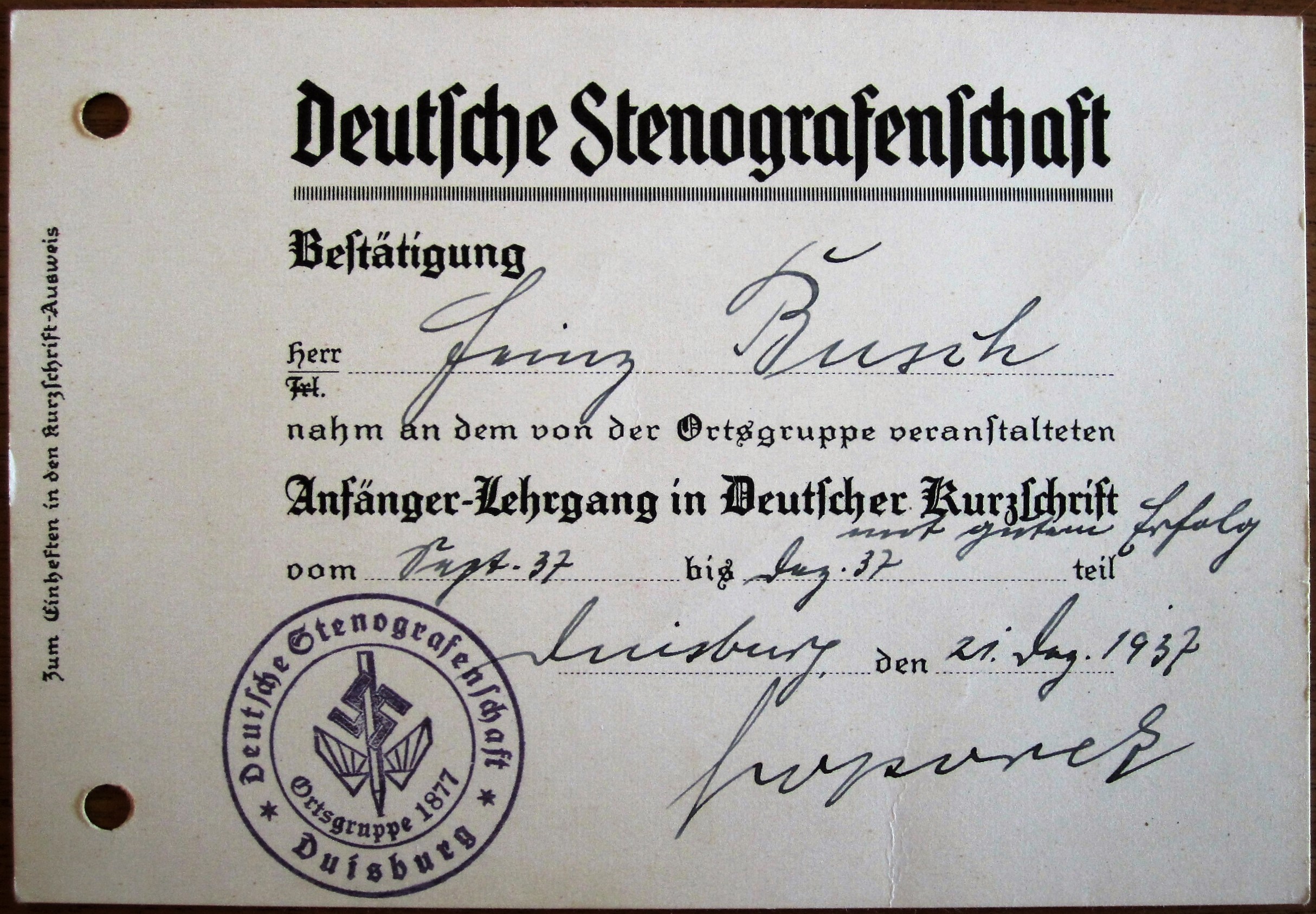 Deutsche Stenografenschaft - Bestätigung - Anfänger-Lehrgang in Deutscher Kurzschrift - 1937