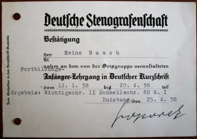 Deutsche Stenografenschaft - Bestätigung - Lehrgang in Deutscher Kurzschrift - 1938