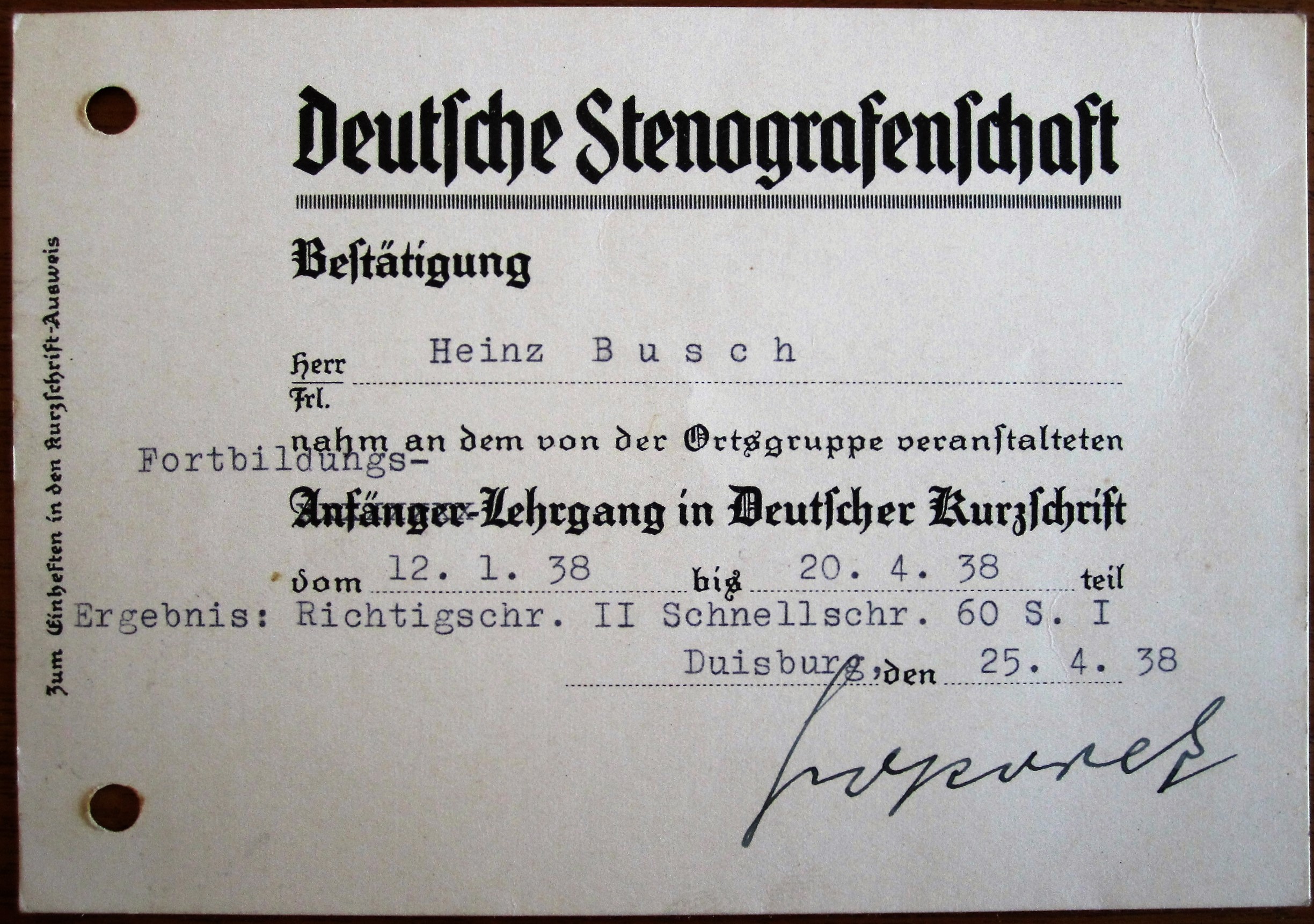 Deutsche Stenografenschaft - Bestätigung - Lehrgang in Deutscher Kurzschrift - 1938
