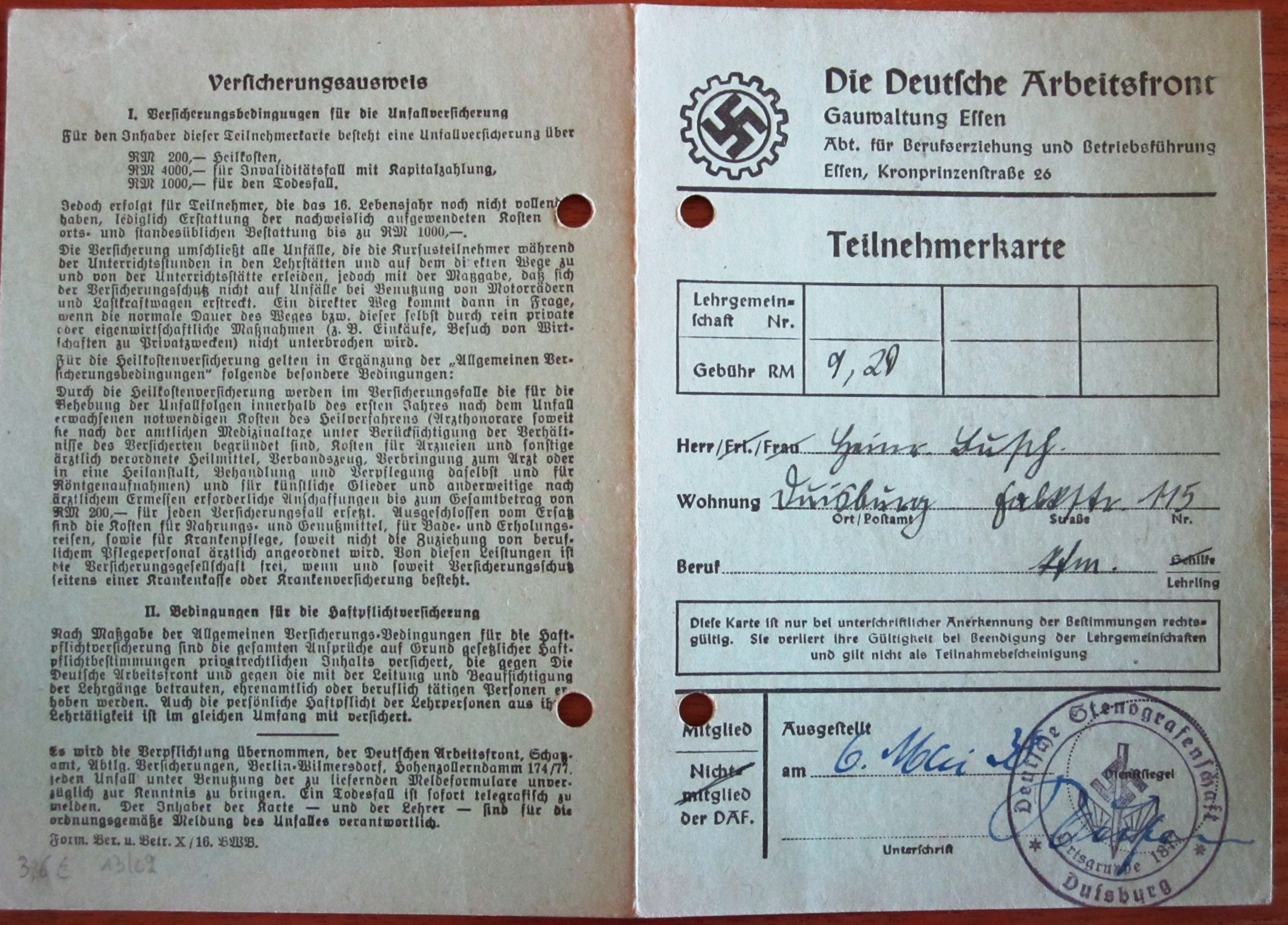 Teilnehmerkarte DAF - Gauwaltung Essen