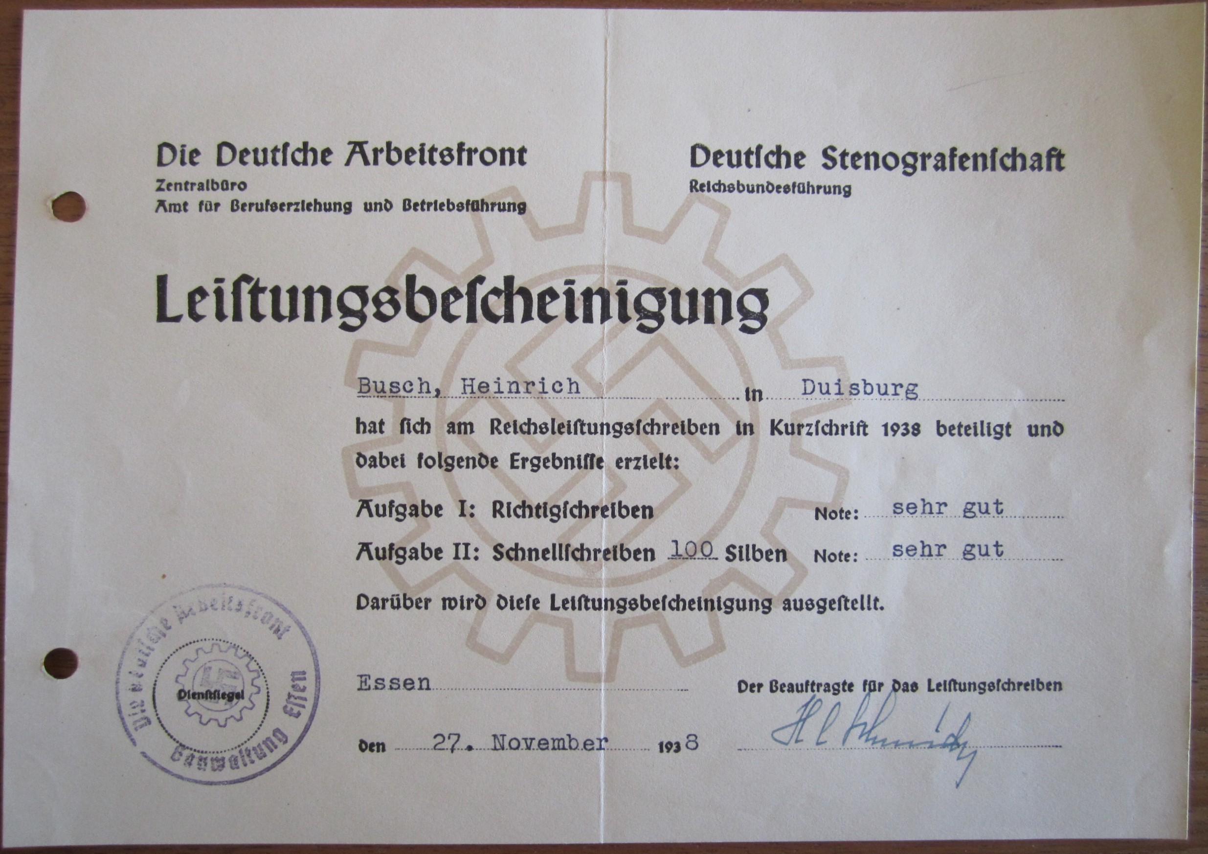 Deutsche Stenografenschaft - Leistungsbescheinigung - 1938