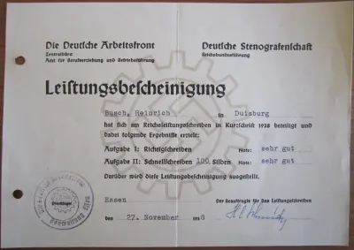 Deutsche Stenografenschaft - Leistungsbescheinigung - 1938