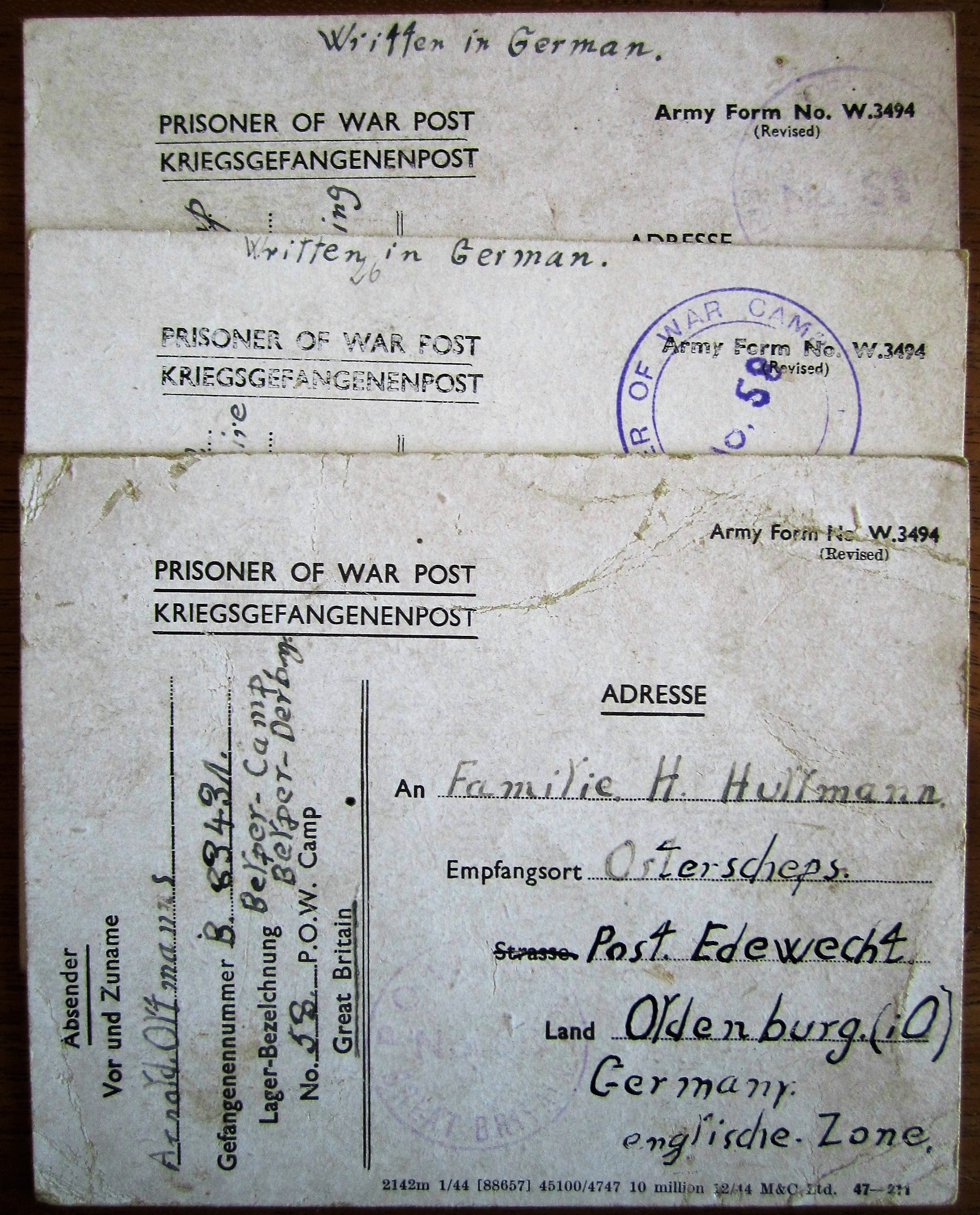 Prisoner of war post - Kriegsgefangenenpost - Army Form No. W.3494 / W. 3493 - Familie Hullmann - Oldenburg - British zone