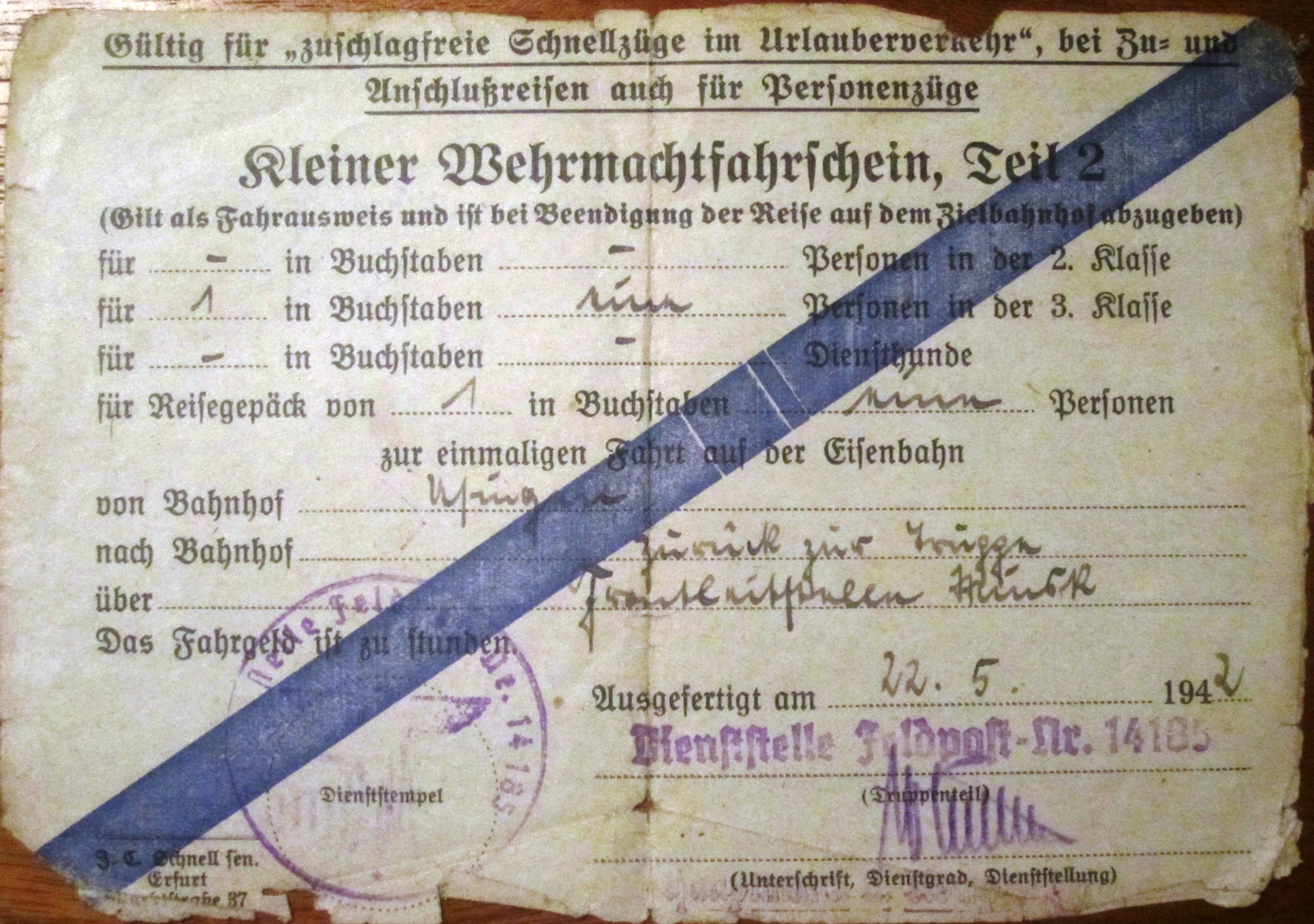 Kleiner Wehrmachtfahrschein, Teil 2 - 22. Mai 1942 - Dienststelle Feldpost Nr. 14185