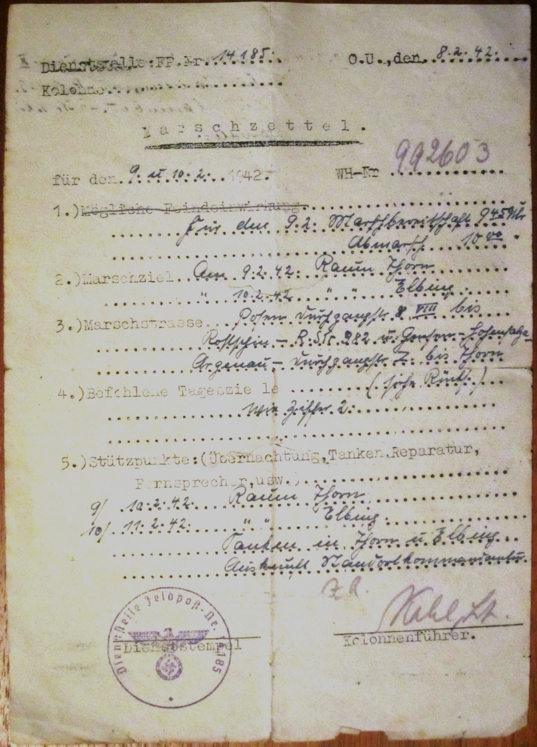 Marschzettel - Dienststelle Felpostnummer Nr. 14185 - Februar + Marz 1942 - 9 pieces