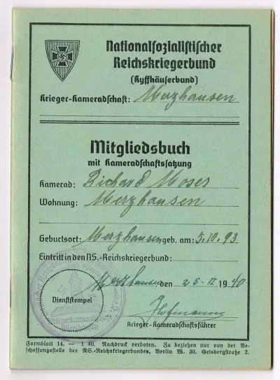 Nationalsozialistischer Reichskriegerbund (Kyffhäuserbund) - Mitgliedsbuch mit Kameradschaftssatzung - Richard Moses - Merzhausen