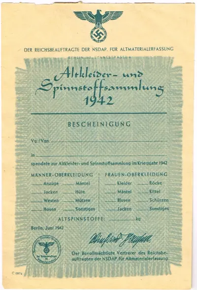 Altkleider- und Spinnstoffsammlung 1942 - Bescheinigung - Der Reichsbeauftragte der NSDAP für Altmaterialerfassung