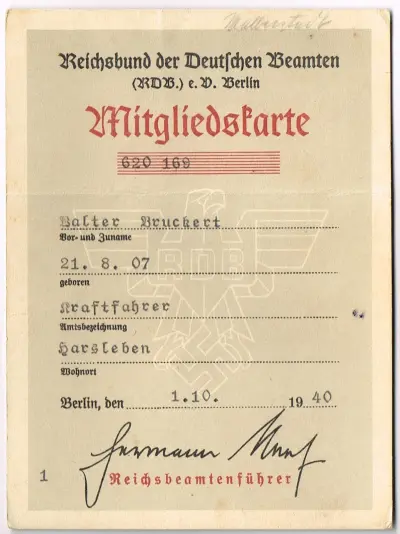 Mitgliedskarte - Reichsbund der deutschen Beamten (RDB) e.V. Berlin