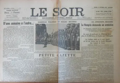 Le Soir - 58me Année - No 36 - Mardi 17 Octobre 1944 **** - Le Vrai "Soir" probe et libre - Prix : 1 Franc