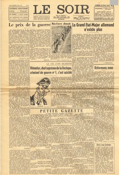 Le Soir - 59me Année - No 115 - Samedi 26 Mai 1945 ** - Prix : 1 Franc